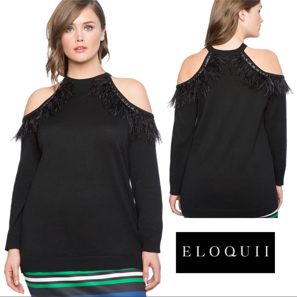 NEW Eloquii Cold Shoulder Sweater with Feather Trim Sweater